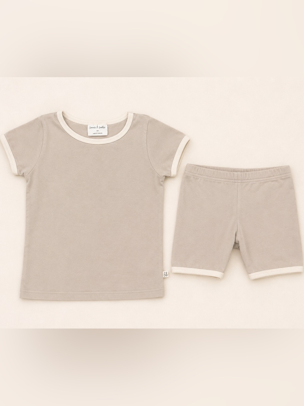 Bambi & Birdie Small Shop Neutral Pyjama Set - Grey Taupe with White Trim 4T